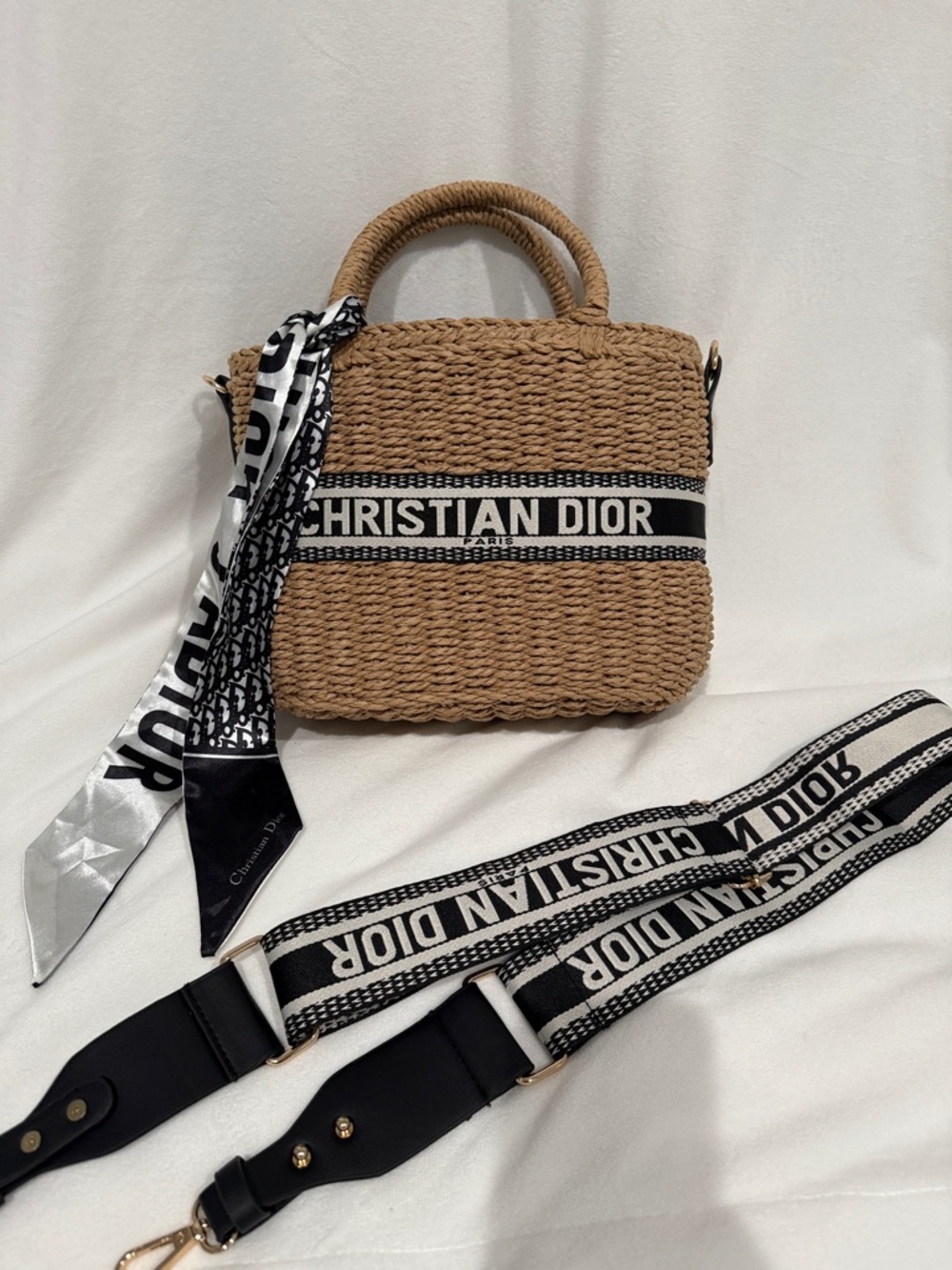 Dior Woven Tan Tote with Black & White Logo Bands - Picture 8 of 8